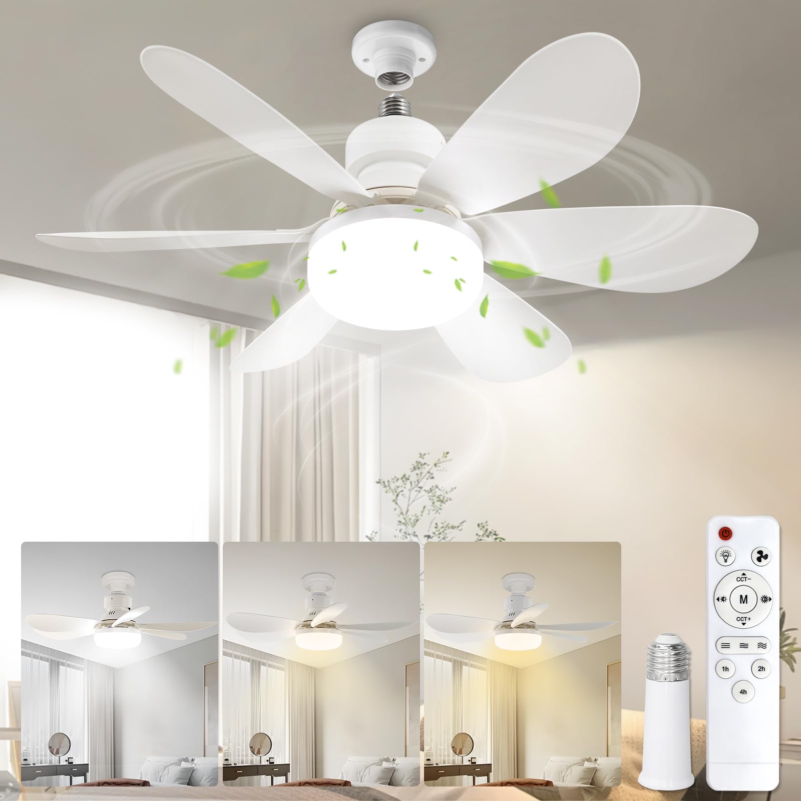 Socket Fan Light with Remote, Portable Small Ceiling Fans with Lights Bulb for Bedroom, Kitchen, Living Room, 20" Screw in Ceiling Fan in Light Socket for E26 Base 40W/3000K-6000K Dimmable