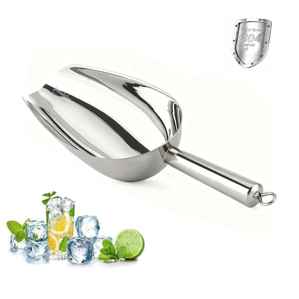 12 Oz 304 Stainless Steel Ice Scoop with Magnetic Hook - Heavy Duty Commercial Ice Shovel for Ice Maker & Freezer, Large Scooper for Bar, Kitchen, Party & Pet Food, Easy to Clean (Silver)