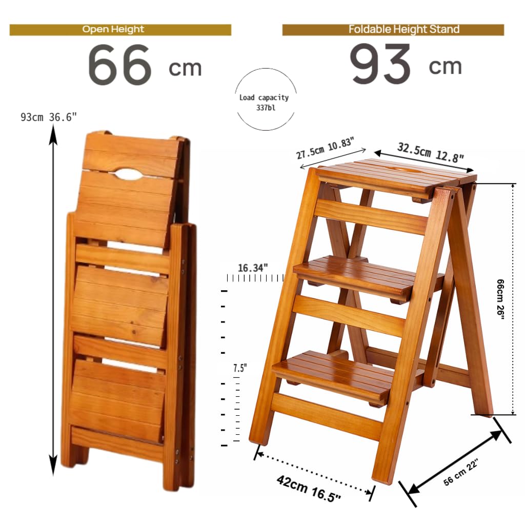 Bidesen 3-step Folding Ladder Stool - 330 Lb Capacity, Solid Pine Wood, Anti-slip Steps, Space-saving Foldable Design for Home Kitchen -