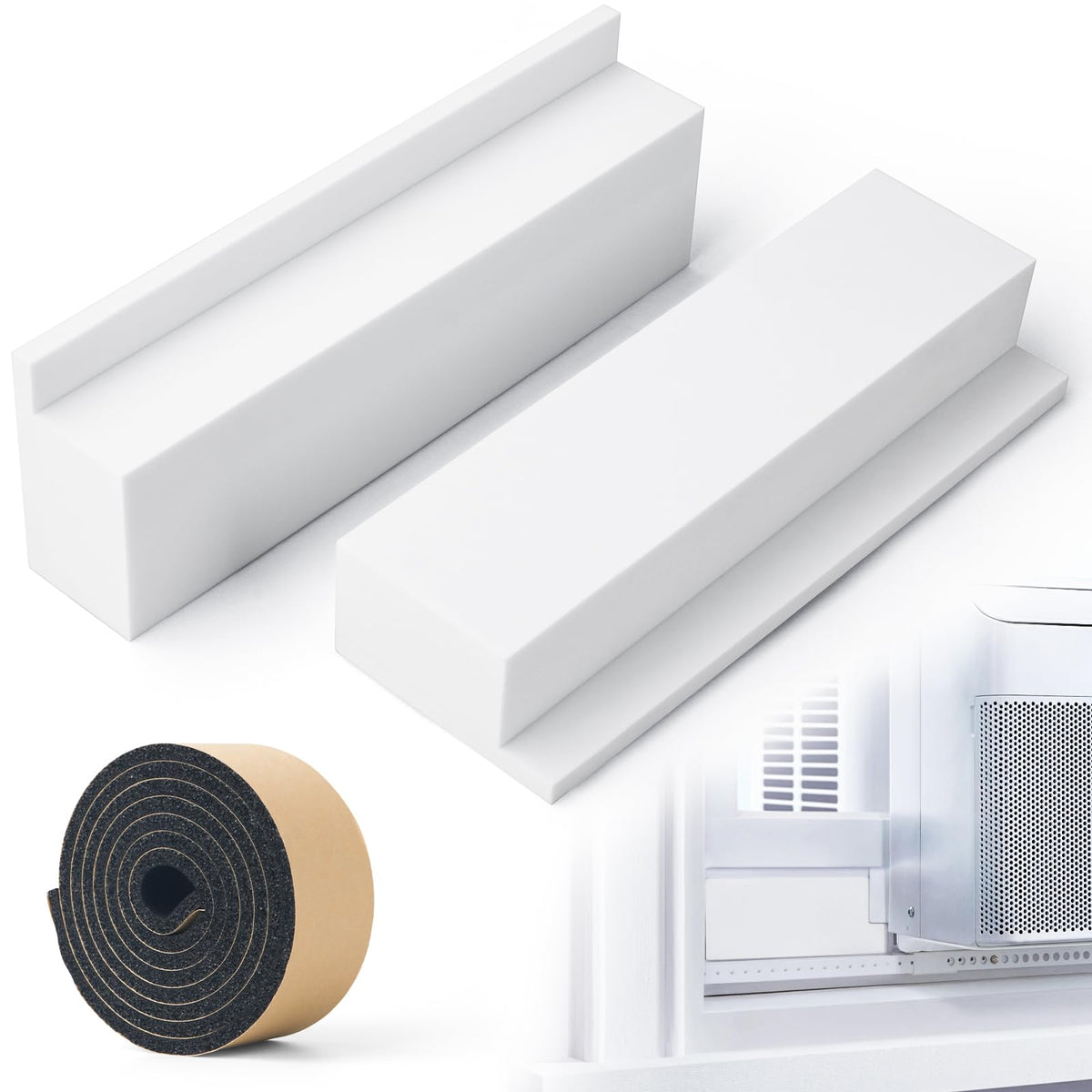 Foam Block for U-Shape Window Air Conditioner Units, 2 Pack Insulation AC Side Foam Panels with Weather Seal Strip, Prevent Cold and Hot Air Leakage, Winter Summer