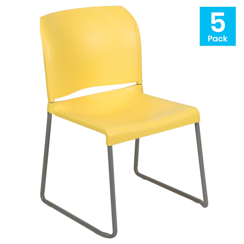Flash Furniture Hercules Series 5 Pack 880 Lb. Capacity Yellow Full Back Contoured Stack Chair with Gray Powder Coated Sled Base