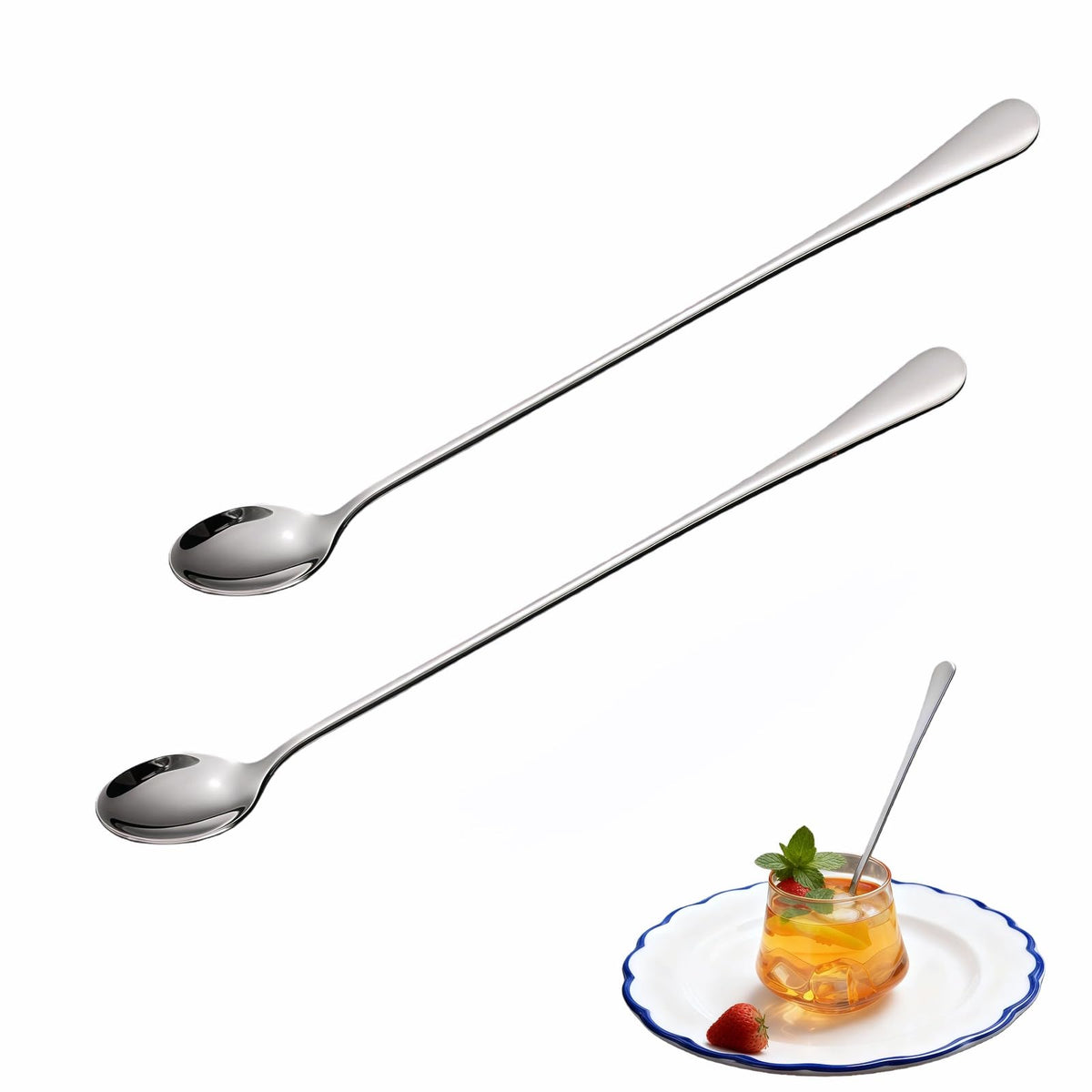 9.5 Inch Long Handle Stainless Steel Spoon - 2-Pack Ice Tea Spoon, Coffee Stirrer, Cocktail Mixing Spoon & Ice Cream Scoop, Dishwasher Safe, Ergonomic Thick Handle for Home, Bar & Parties