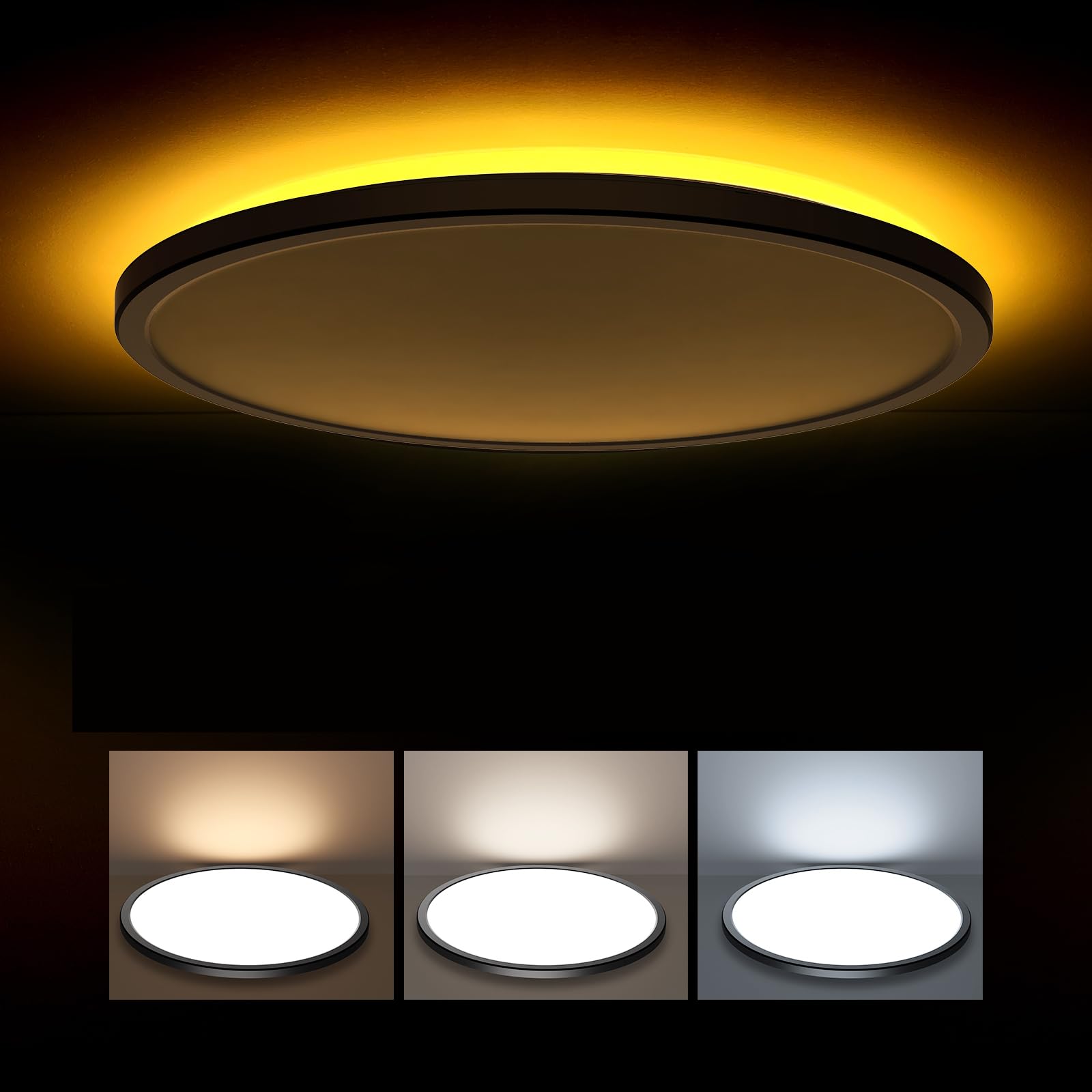 Matane 15.4in Dimmable LED Flush Mount Ceiling Light with Night Light, 36W Ceiling Lighting Fixture, 3000K/4000K/5000K Selectable, Low Profile Ceiling Lights for Bedroom, Kitchen, Hallway, Black