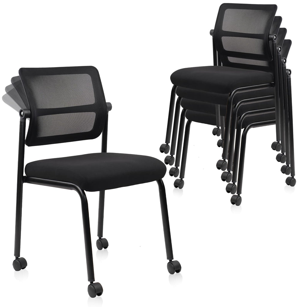Clatina Stacking Armless Office Waiting Room Chair with Wheels, Stackable Mesh Guest Reception Desk Chairs with Adjustable Backrest for
