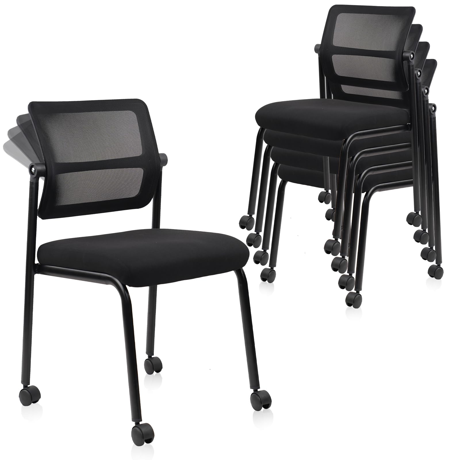 Clatina Stacking Armless Office Waiting Room Chair with Wheels, Stackable Mesh Guest Reception Desk Chairs with Adjustable Backrest for