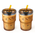 13 oz Glass Tumbler with Glass Straw and Lid, Leak-Proof Reusable Travel Cup for Iced Coffee, Tea, Matcha, Fruit Juice – Thick Wall Clear Water Bottle (Amber, 2 Pack)