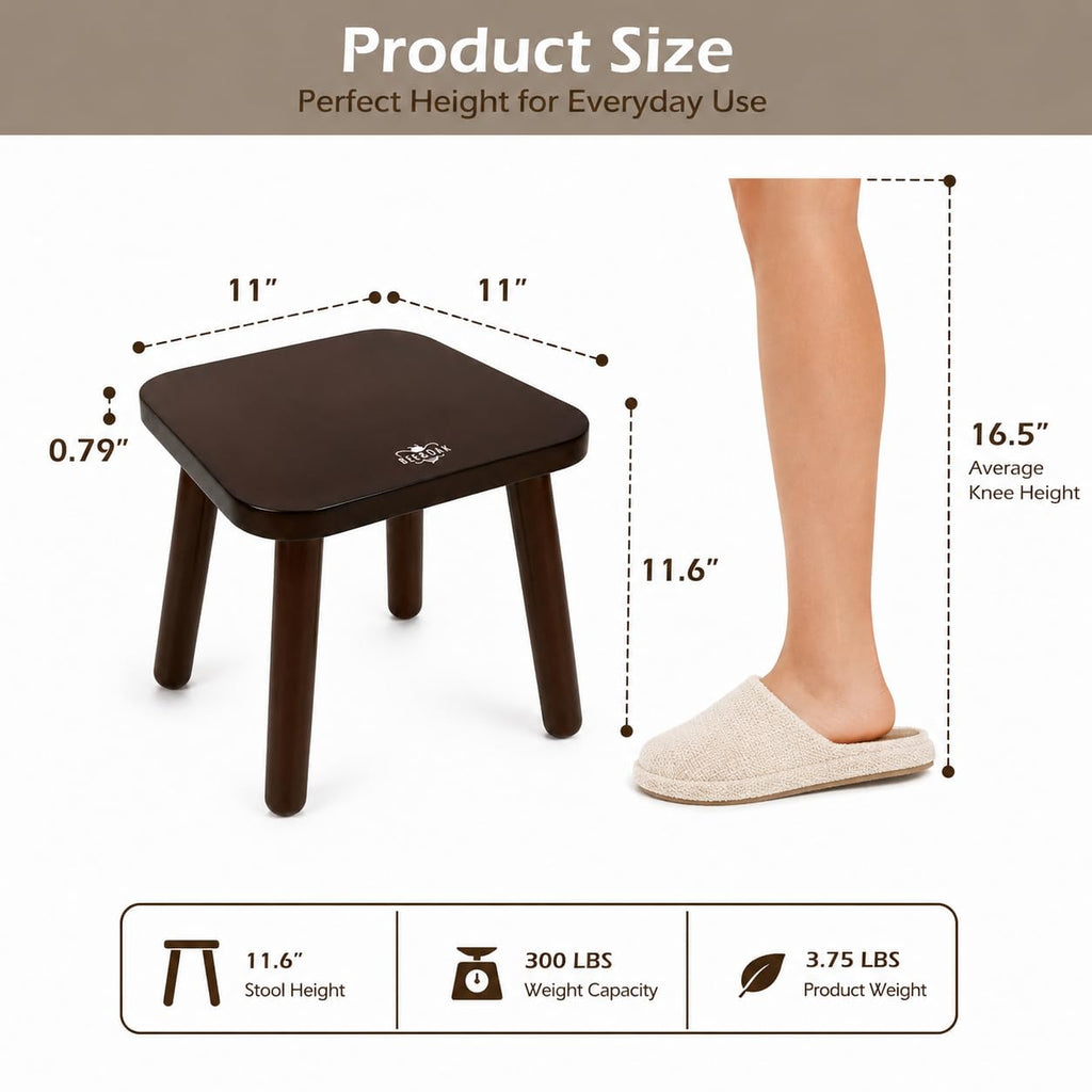 Bee&oak 11 Inch Wooden Step Stools for Adults, Solid Rubber Wood Non-slip Step Foot Stool, Heavy Duty 300 Lbs One Step Stool for Bedroom,