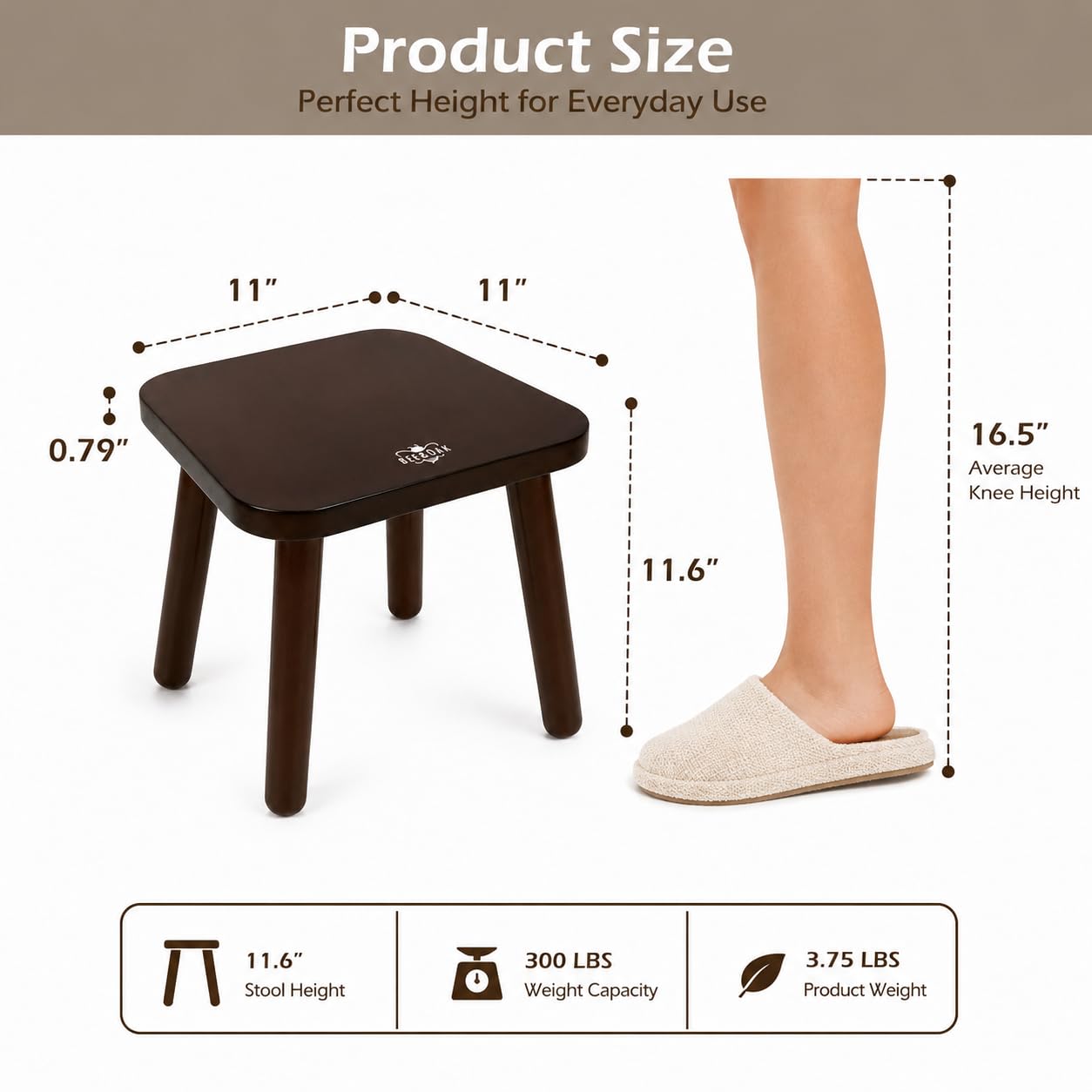 Bee&oak 11 Inch Wooden Step Stools for Adults, Solid Rubber Wood Non-slip Step Foot Stool, Heavy Duty 300 Lbs One Step Stool for Bedroom,