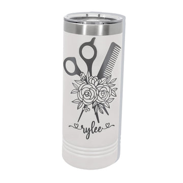 Hair Stylist Skinny Tumbler (22oz) Custom Engraved with Scissors & Comb Floral Design, Personalized Hairdresser Appreciation Gift