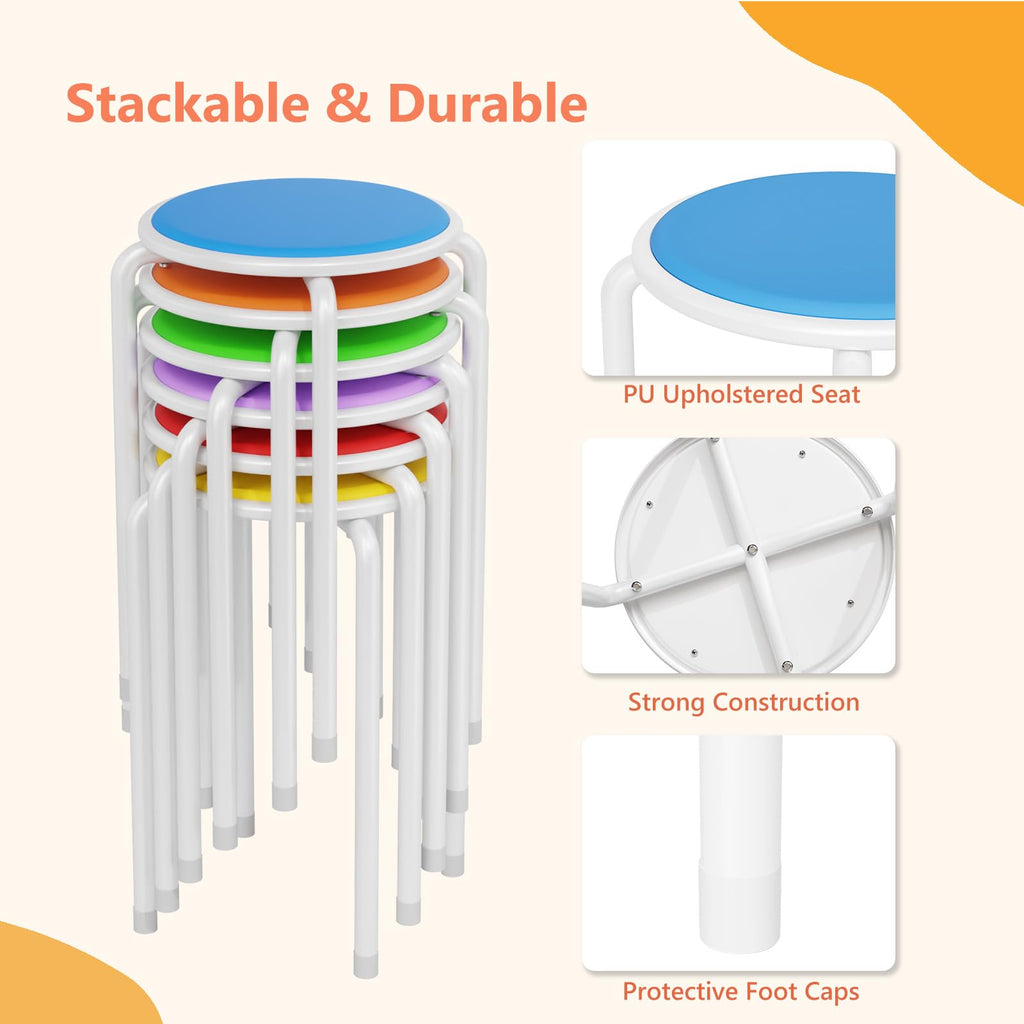 Vingli 18 Inch Padded Stacking Stools 6 Pack, White Metal Round Stool, 18 Inches, White Legs