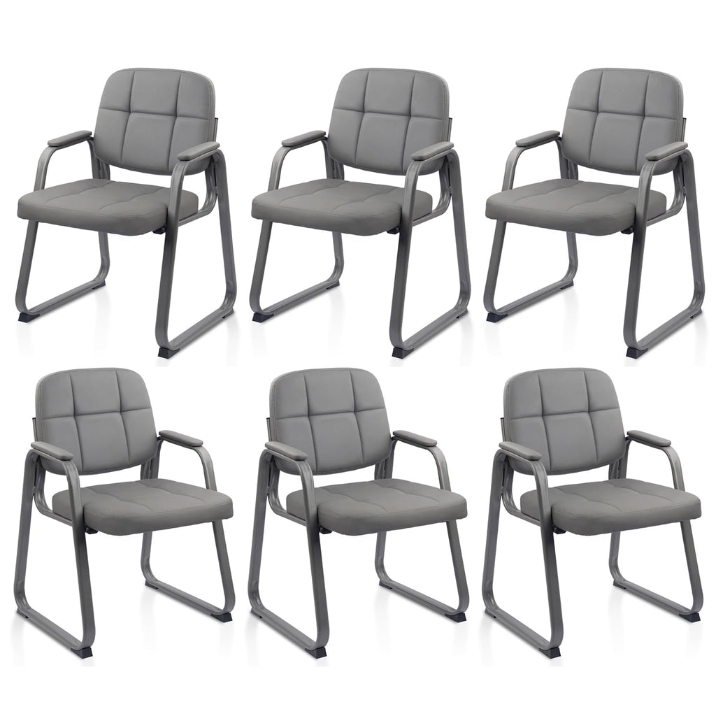 Clatina Leather Guest Chairs Set of 6, Office Reception with Padded Arms, Desk Chair with Sled Base for Office Conference Waiting Room, Grey