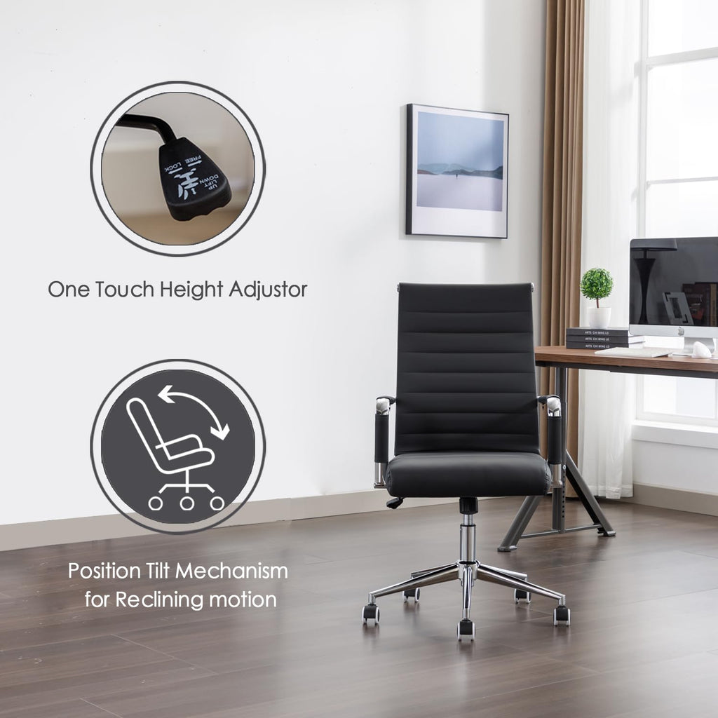 Office Desk Chair Leather, Conference Room Chairs with Wheels, Executive Modern High Back Ergonomic Swivel Rolling Ribbed Computer Chair