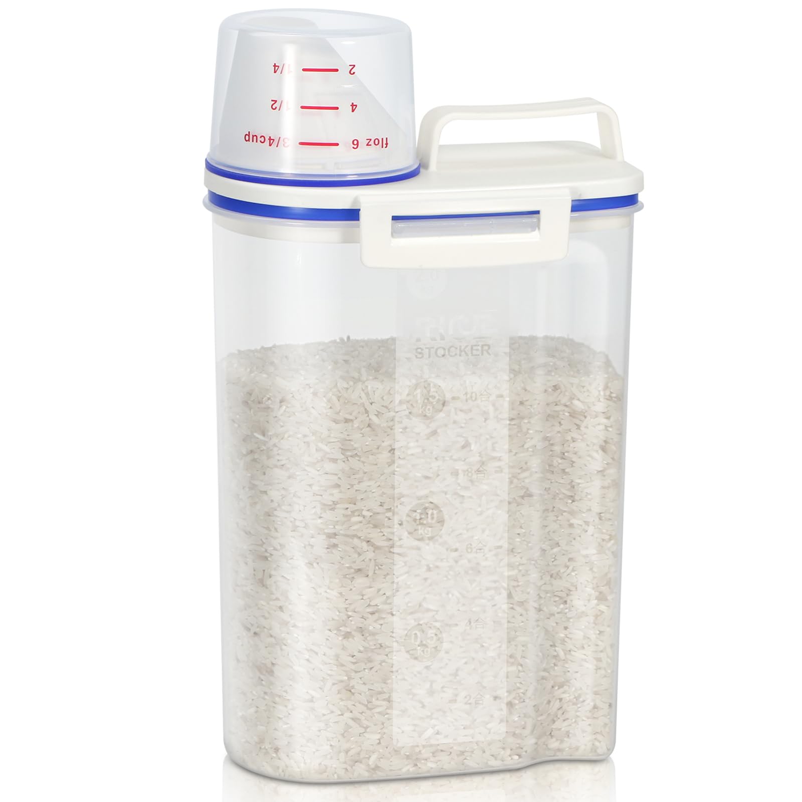 Rice Container 4 Lbs / 2 Kg Rice Dispenser with Measuring Cup, BPA-Free Plastic Kitchen Pantry Food Storage Holder for Oatmeal Flour Grain, Small Pet Cat Dog Food Container