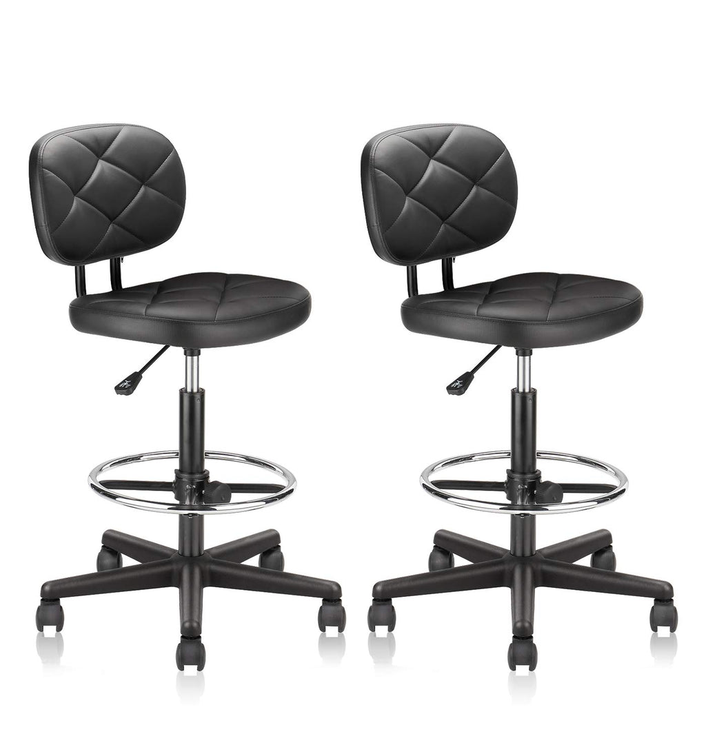 Klasika Tall Drafting Rolling Stool Chair with Low Back Support and Adjustable Foot Rest Ring Set of 2 Pu Leather Vinly Wide Seat Swivel
