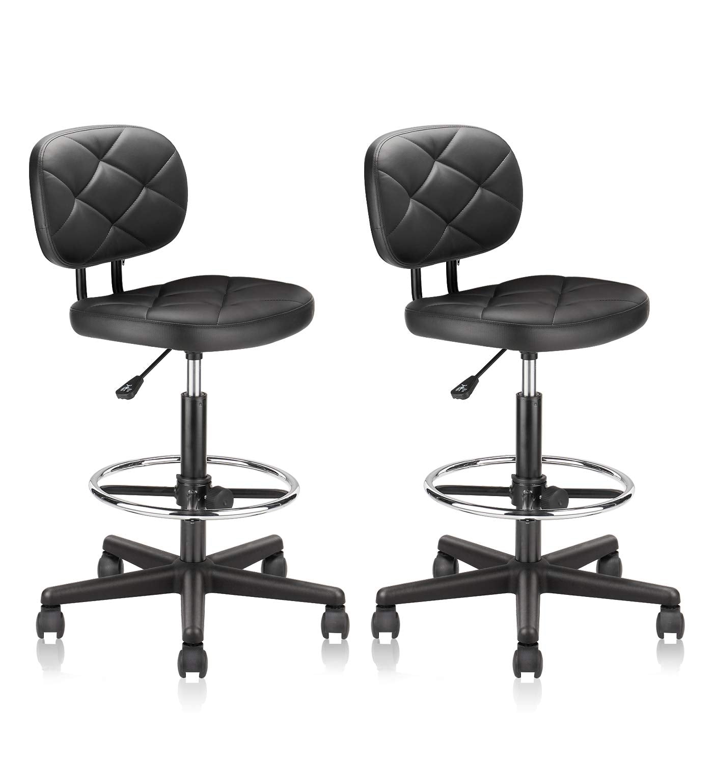 Klasika Tall Drafting Rolling Stool Chair with Low Back Support and Adjustable Foot Rest Ring Set of 2 Pu Leather Vinly Wide Seat Swivel