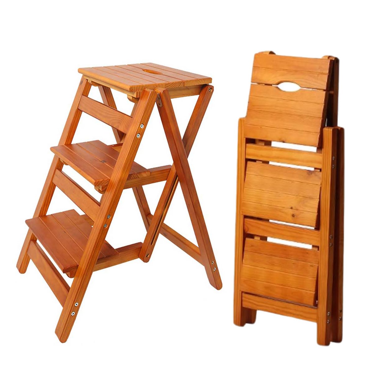 Bidesen 3-step Folding Ladder Stool - 330 Lb Capacity, Solid Pine Wood, Anti-slip Steps, Space-saving Foldable Design for Home Kitchen -