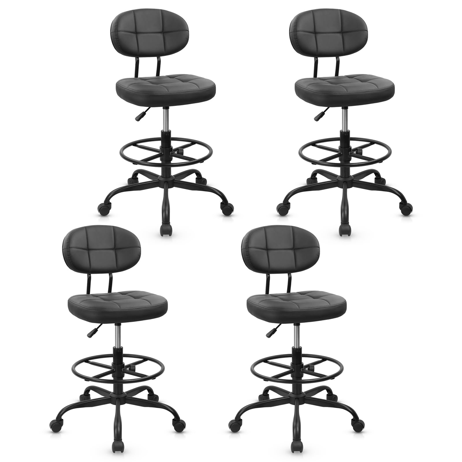 Klasika Drafting Stool with Backrest, Tall Adjustable Height Office Chair, Pu Leather Swivel Rolling Stool with Footrest & Wheels for Standing