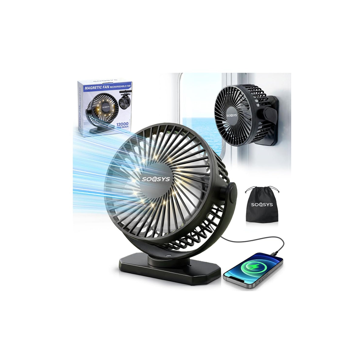 SOQSYS Cruise Approved Magnetic Fan with 12000mAh Rechargeable Battery, Cruise Fan with 3 Speeds, Timer, Led Lights, Power Output & Bottom Hook, Portable Fans for Camping Travel Cruise Essentials
