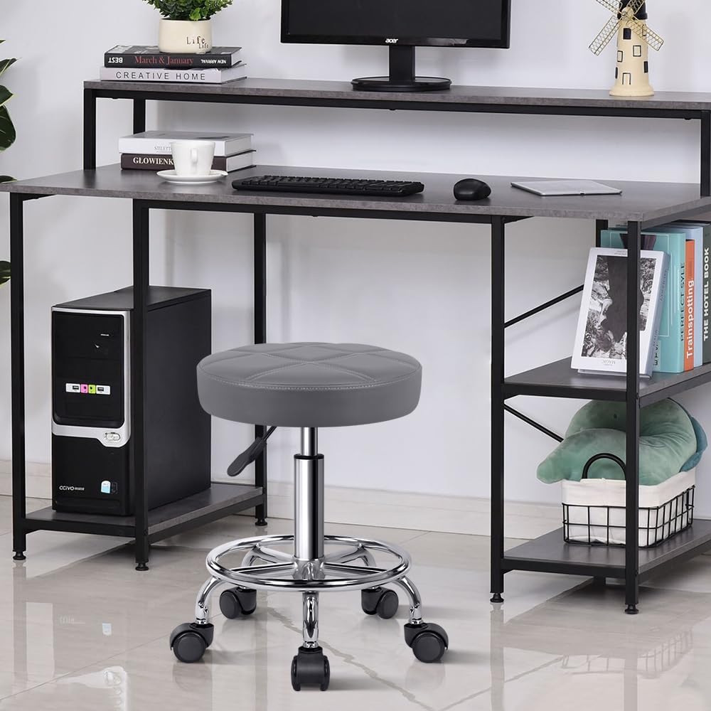 Kktoner Round Rolling Stool Chair Pu Leather Height Adjustable Swivel Drafting Work Spa Shop Salon Stools with Wheels Office Chair Small (gray)