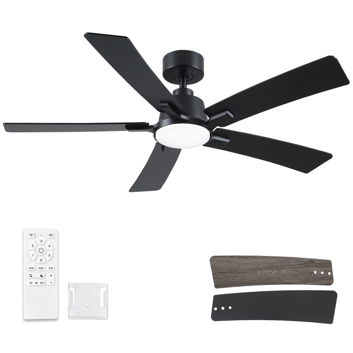 52 Inch Black Ceiling Fans with Lights and Remote, Downrod Style with 5 Blades, Modern Design For Indoor Bedroom Living Room/Outdoor Covered Patio, 6 Speed Reversible DC Motor, 3CCT Dimmable LED