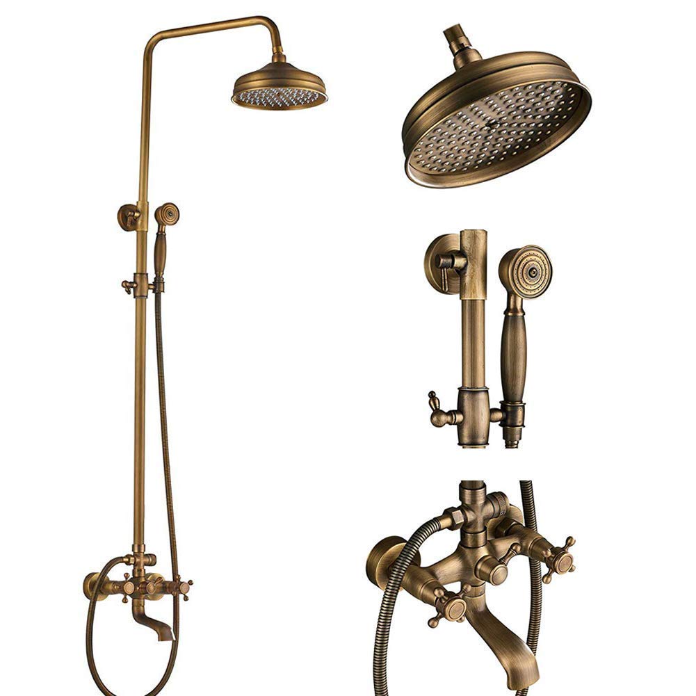 Antique Brass Bathroom 8-Inch Rain Shower Faucet Wall Mount Dual Cross Handle Bathtub Shower Mixer Tap with Hand Sprayer,Luxury Shower Set