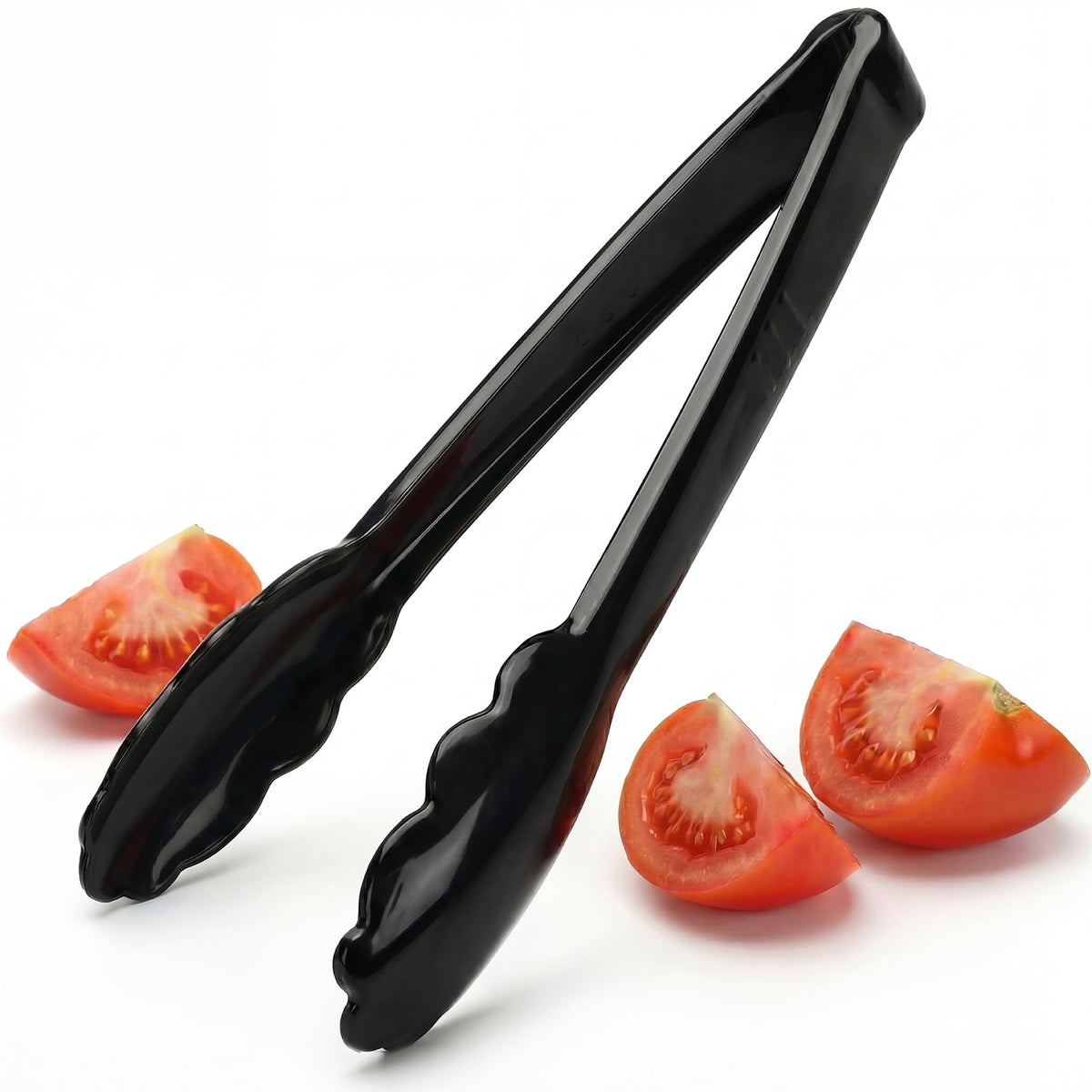 24 Pack Plastic Tongs for Serving, 9 Inch Disposable & Reusable Food Tongs with Scalloped Tips, Heavy Duty for BBQ, Catering, Buffet, Parties, Bulk Food Service (Black)