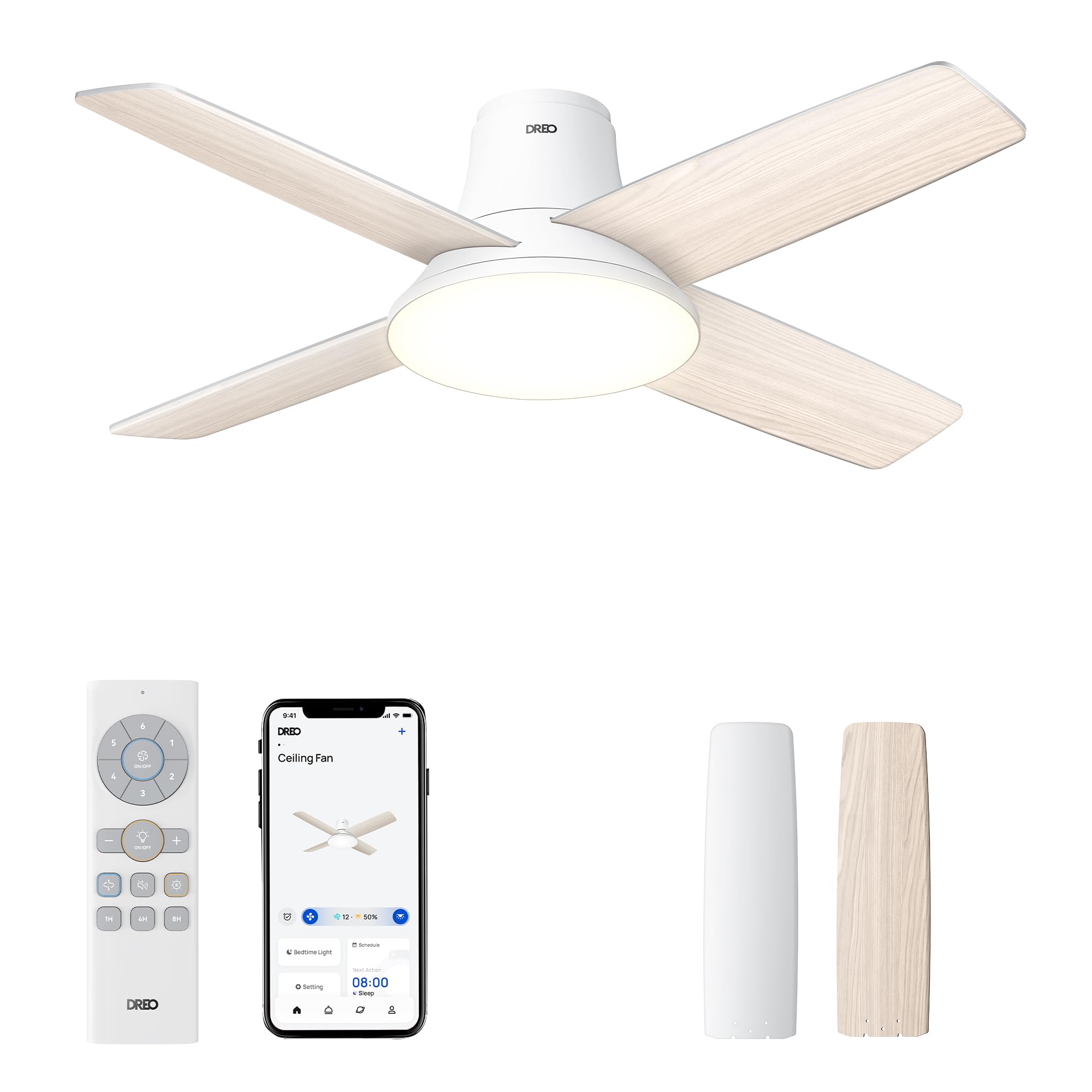 DREO Ceiling Fans with Lights, 12 Speeds & 3 Fan Modes, Quiet DC Motor, Low Profile Easy to Install, Flush Mount Smart Ceiling Fan with Dimmable LED, 12H Timer for Bedroom, Remote, White, 44''