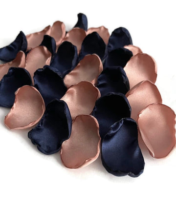 Navy Blue & Rose Gold Flower Petals (100 Pack) – Wedding Decorations, Artificial Rose Petals for Aisle Décor, Table Scatter & Flower Girl Basket, Micro Wedding Supplies