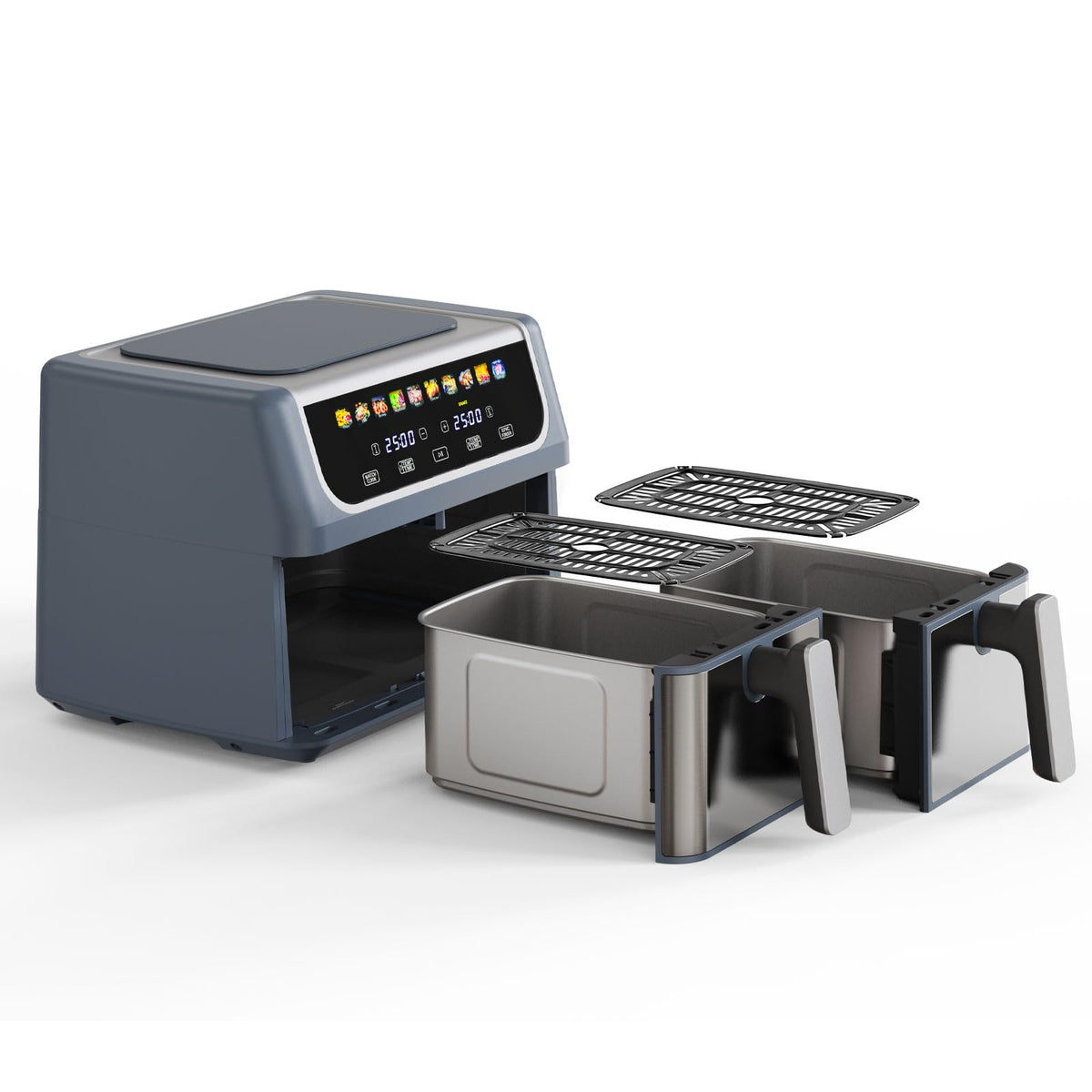 NEWBULIG Dual Air Fryer with 2 Baskets 9.5 QT, 10 in 1 Large Air Fryers with Ceramic Crisper Plate, Match Cook, Sync Finish, Shake Reminder, 80-450°F Wide Temp, Roast, Defrost, Dehydrate, Bake, Grey