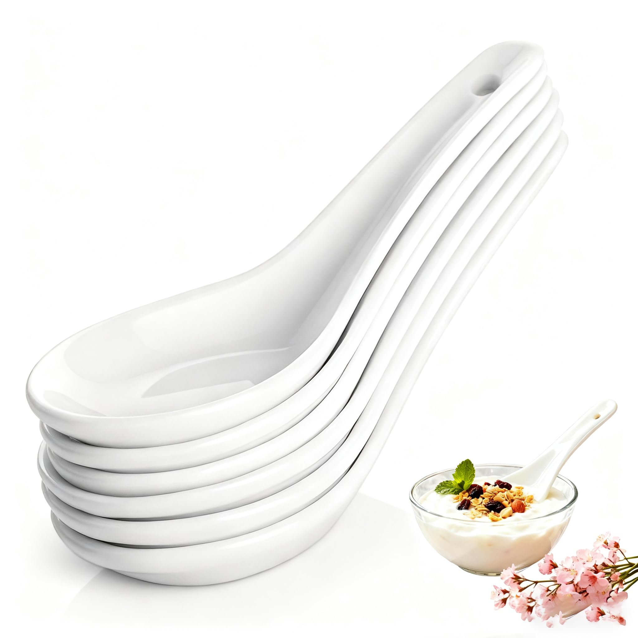 Soup Spoons Set of 6, Asian Ceramic Soup Spoons 5.3" Ramen Spoons Proper for Corelle Pho Miso Wonton Ramen Dumpling Macaron Dishwasher & Oven Safe
