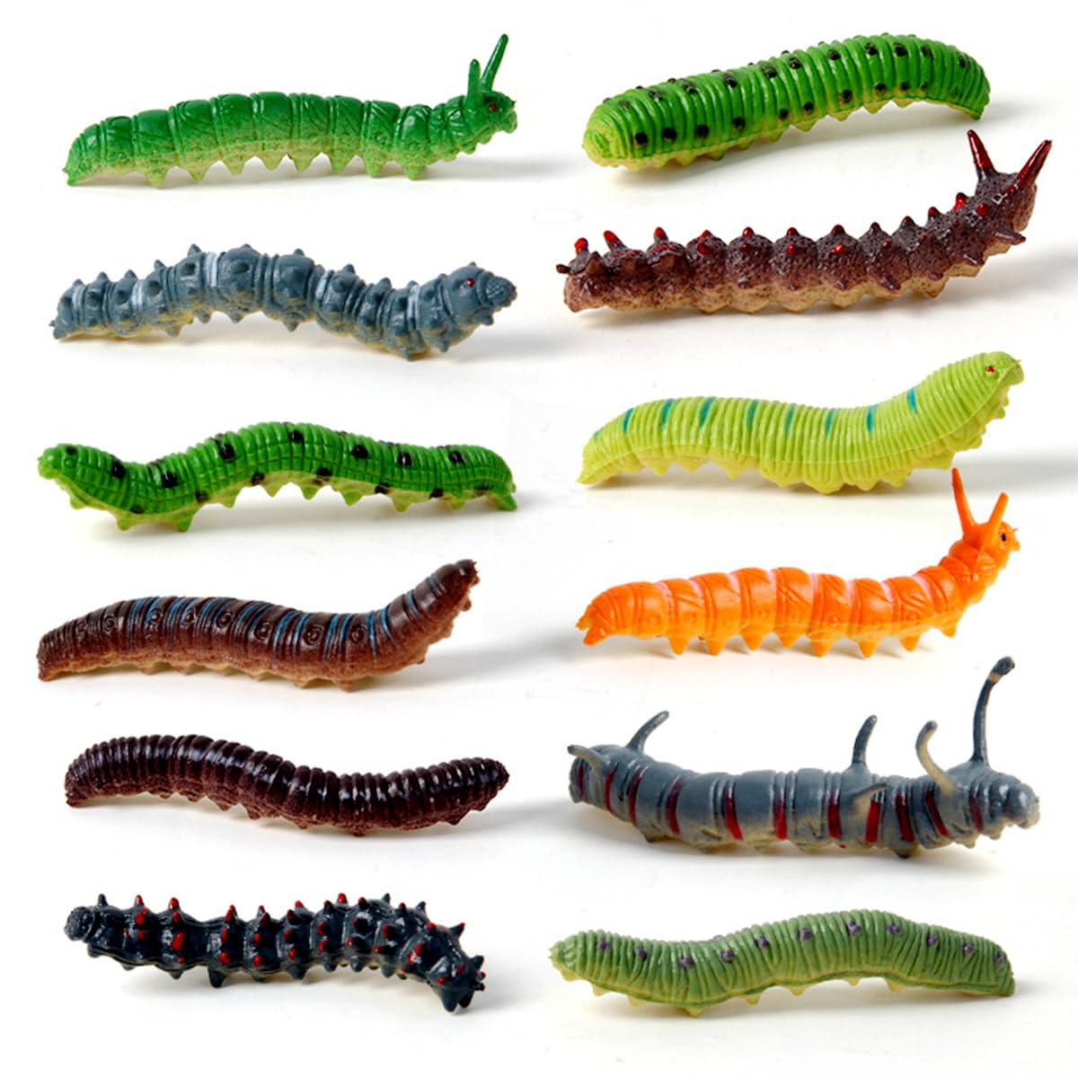12 Pieces Set of Simulation Caterpillar Toys, PVC Plastic Creepy Crawly Toys, DIY Insect Halloween Spooky Decorations, Landscape Decoration Artificial Green Bugs
