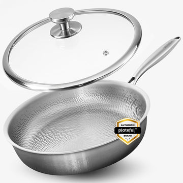 Plateful Titanium Pan For Cooking 12" - Pure, No Coating Non-Stick Titanium Cookware, Au Gratin Frying Pans, Hammered Pan, Safe For Oven, Induction & Cooktops Up To 750°F, Includes Lid