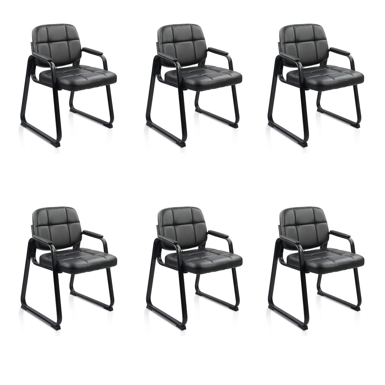 Clatina Waiting Room Guest Chair with Bonded Leather Padded Arm Rest for Office Reception and Conference Desk Black with Sled Base 6 Pack