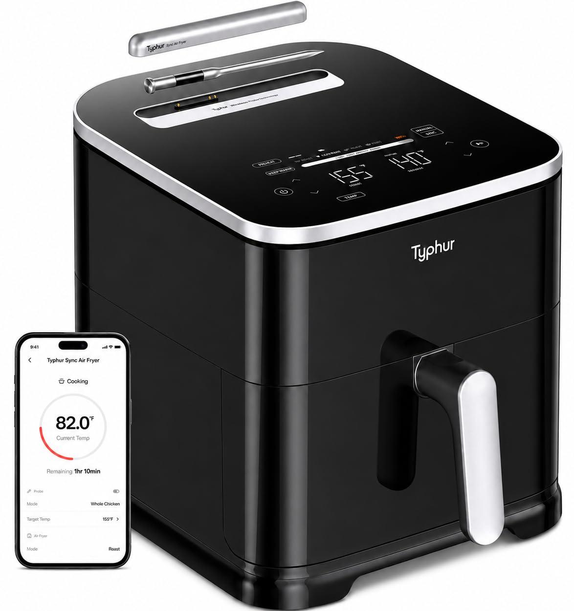 Typhur Sync 8QT AI Smart Air Fryer with Built-in Wireless Meat Thermometer, 9-in-1 XL Non Toxic Ceramic Airfryer, 450°F Max, Cooks 6lb Whole Chicken, Quiet & Dishwasher Safe, Fathers Day Gift, 120V