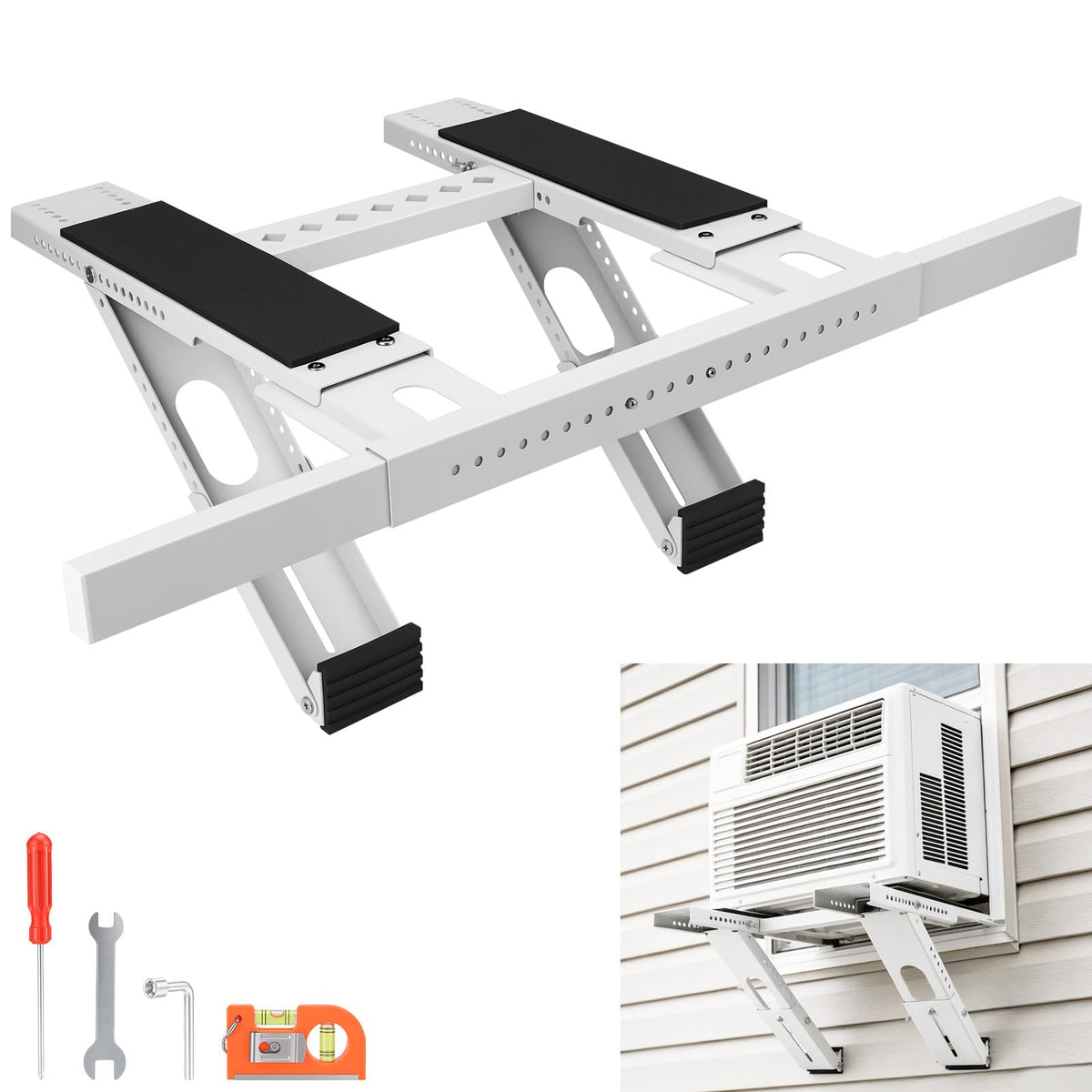 No-Drill Window AC Support Bracket Adjustable, Universal Air Conditioner Holder Bracket Heavy Duty Steel Holds Up to 400lbs, Fits Single Or Double Hung Windows