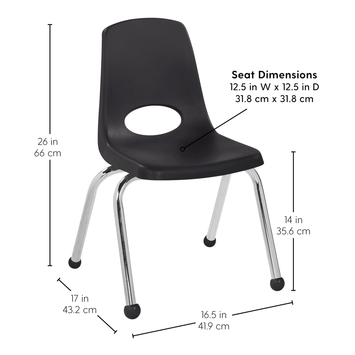Fdp 14" School Stack Chair,stacking Student Seat with Chromed Steel Legs and Ball Glides for In-home Learning or Classroom - Black (4-pack),