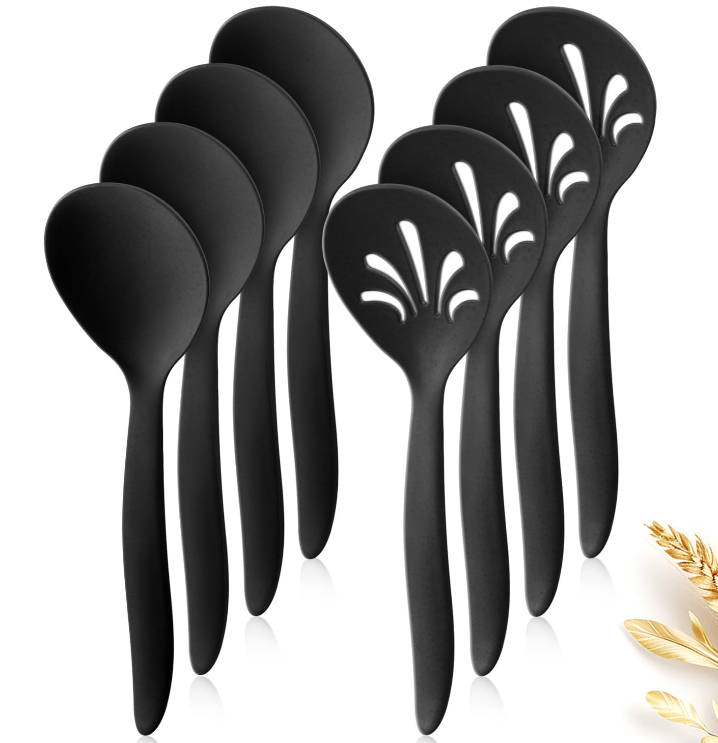 8 Pack 10" Large Reusable Plastic Wheat Straw Serving Spoon Set, 4 Serving Spoons & 4 Slotted Spoons, Kitchen Mixing Serving Spoon for Buffet Chafing Dish Catering (Black, Not for Cooking)