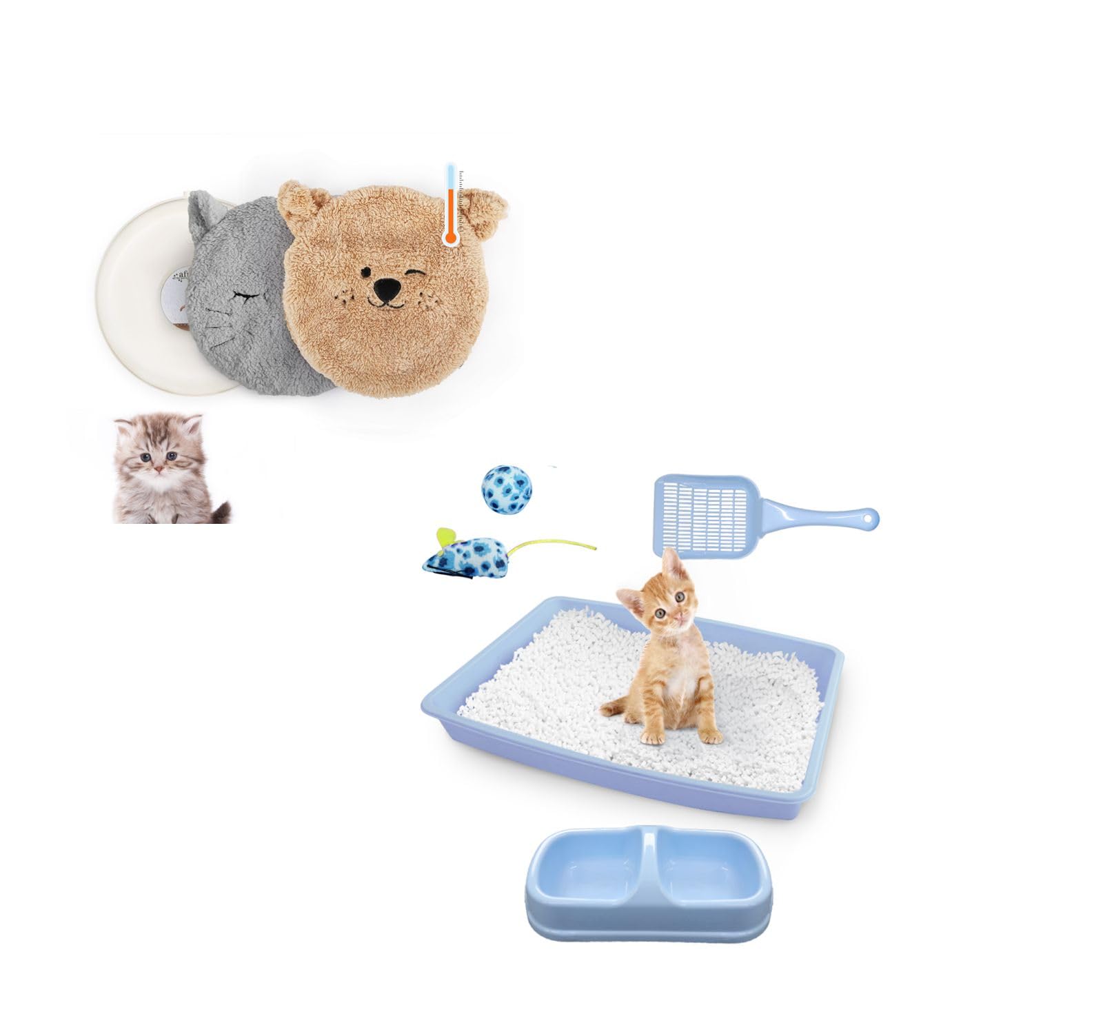 Blue Cat Litter Box Set, Small Cat Kitten Starter Kit with Litter Scoop, Cat Bowl, Kittens Toy; Heated Cat Bed Indoor, Microwavable Heating Pads for Cats with 2 Cozy Covers