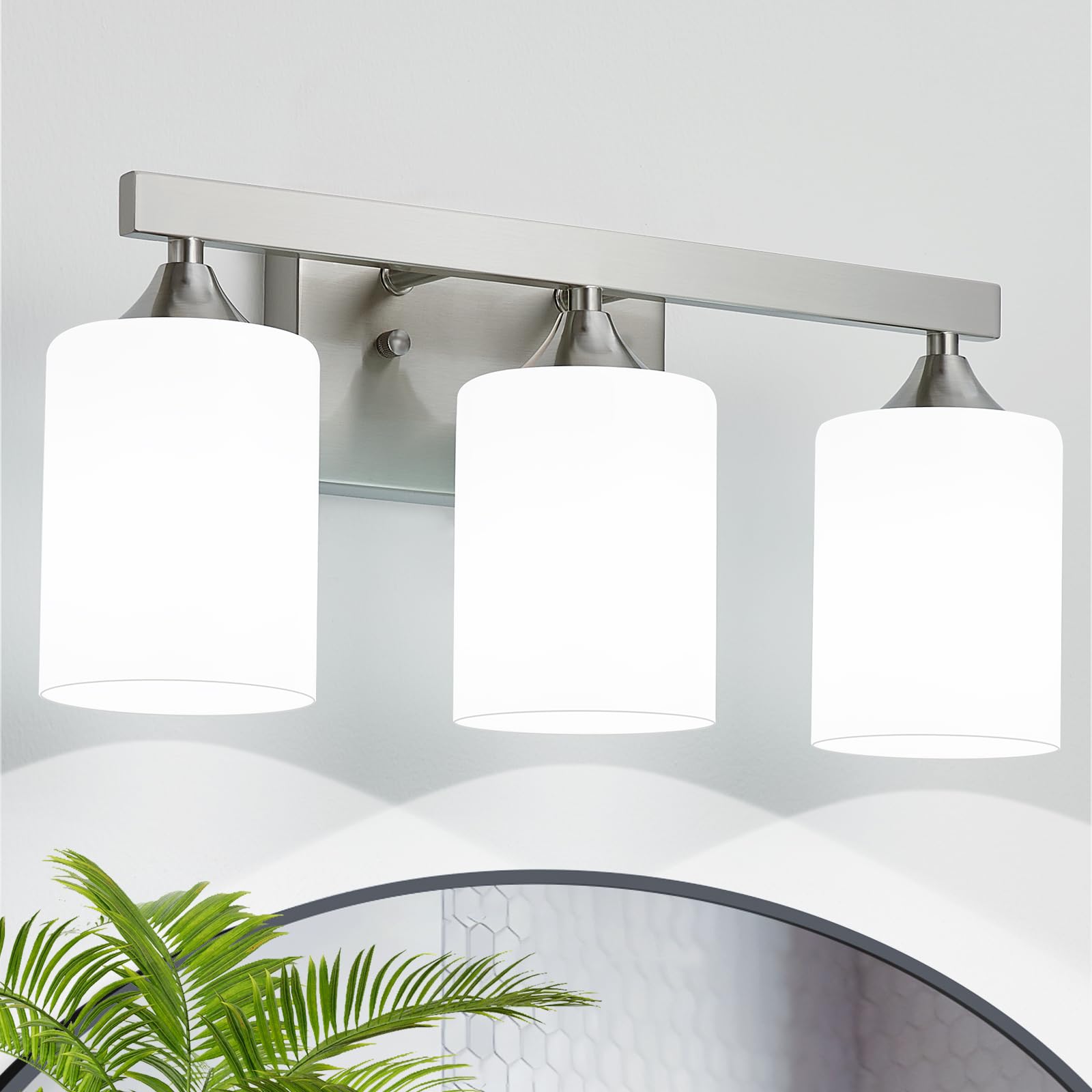 ZHU YAN Brushed Nickel Vanity Light,3 Light Bathroom Lighting Fixtures Over Mirror,Milky White Glass Shades Wall Sconces,Vanity Lights Fixtures for Mirror Bedroom Hallway E26 Socket