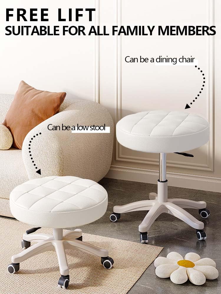 Hdhnba Small Chair Round Rolling Stool with Wheels Pu Leather Height Adjustable Swivel Drafting Work Spa Salon Stools Home Office Chair