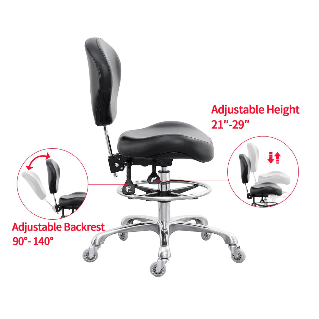 Grace&grace Drafting Chair Adjustable Tall Shop Stool, Rolling Stool with Back Support for Studio, Classroom, Lab, Counter, Medical (black)