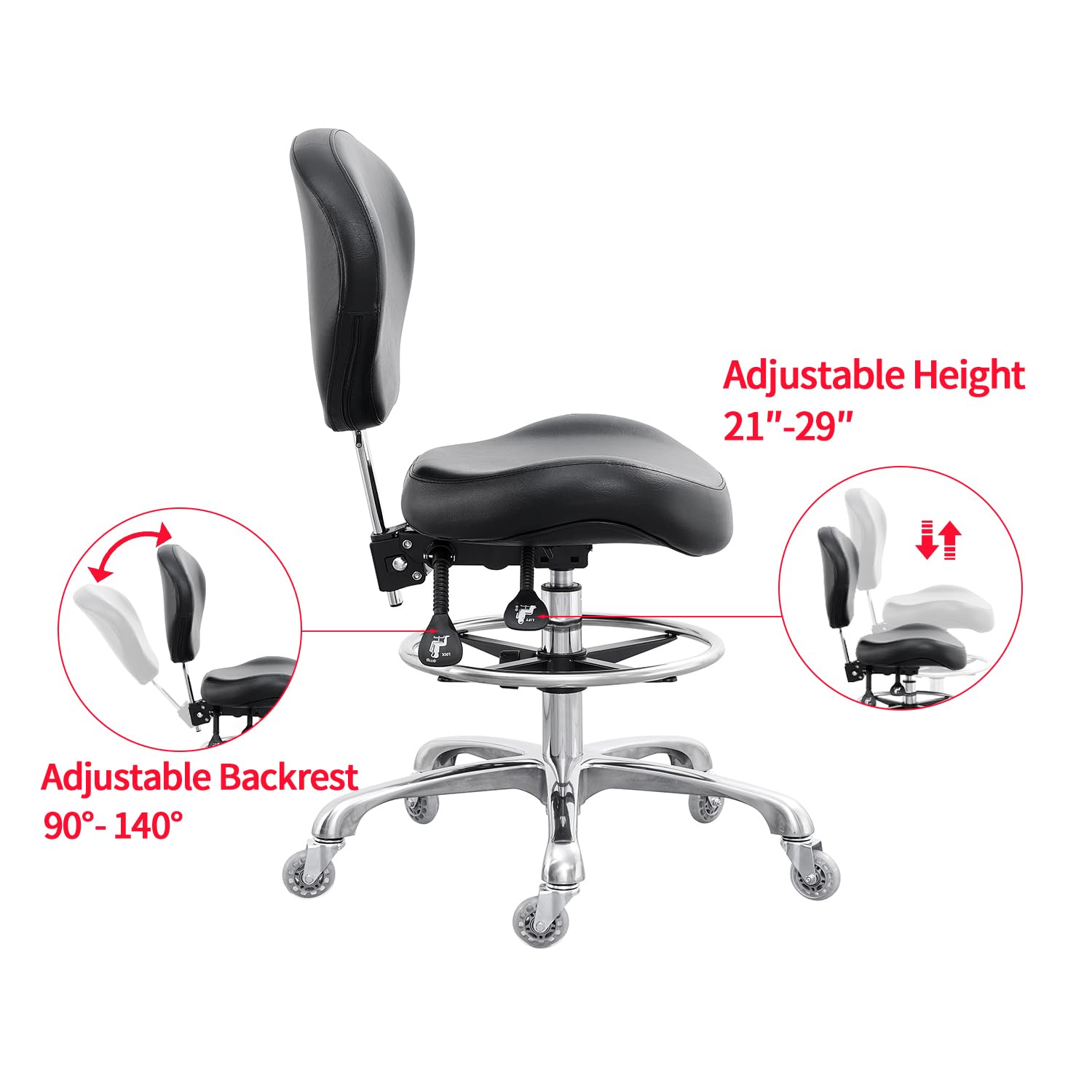 Grace&grace Drafting Chair Adjustable Tall Shop Stool, Rolling Stool with Back Support for Studio, Classroom, Lab, Counter, Medical (black)