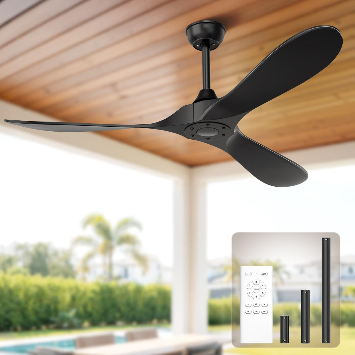 Obabala Black Outdoor Ceiling Fan, 52 in Ceiling Fans No Light with Remote Control, 3 ABS Blades, 6 Speed Reversible DC Motor Modern for Patios, Living Room, Bedroom, Porch