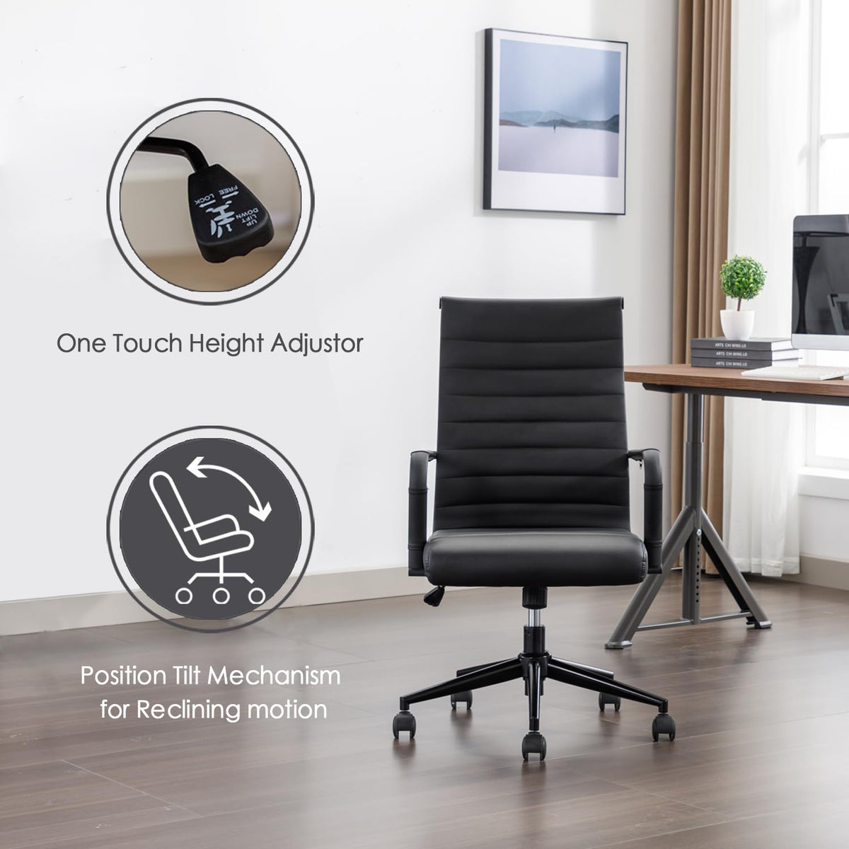 Office Desk Chair Leather, Conference Room Chairs with Wheels, Executive Modern Ergonomic Ribbed Computer Chair, 14.7-19.7"H X 20"W X 18"D