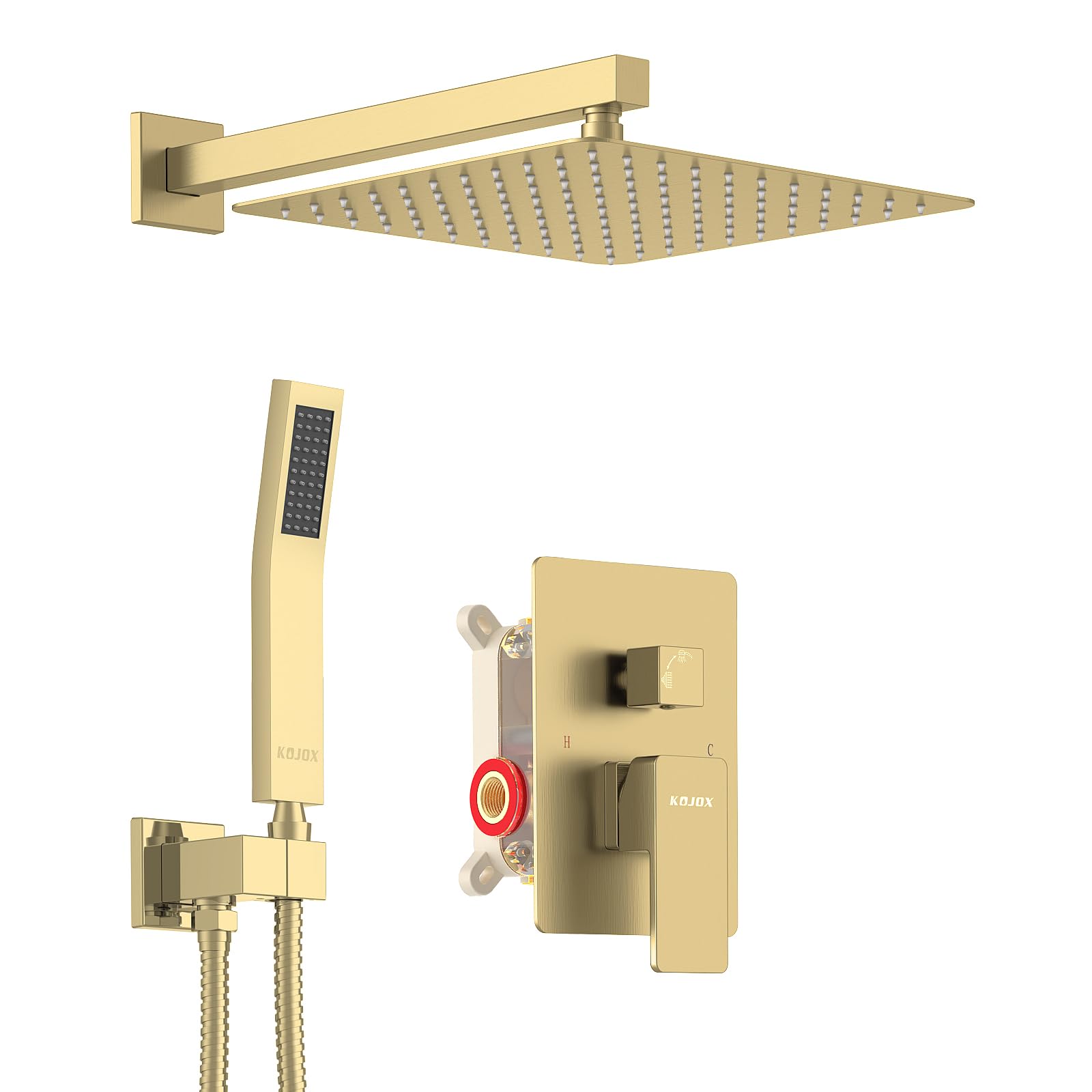 KOJOX Shower System Bathroom Luxury 12 Inch Rain Shower Head with Handheld Mixer Shower Combo Set Wall Mounted Shower Faucet Trim with Valve Brush Gold