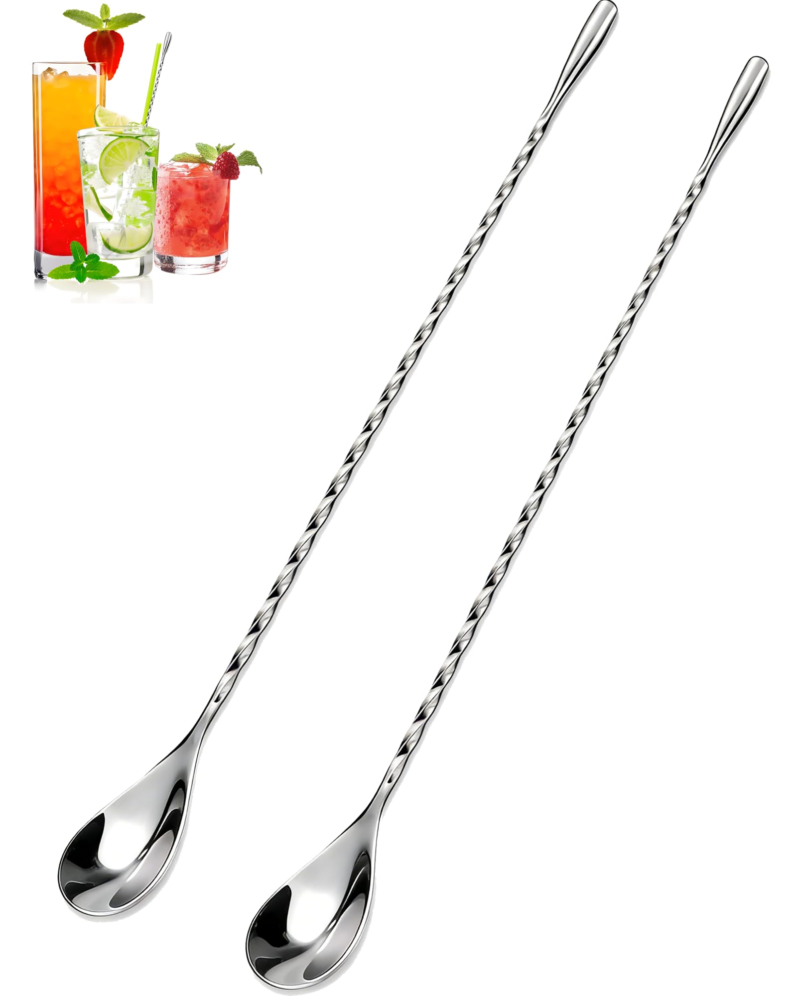 Bar Spoon Set, 10 Inch Stainless Steel Cocktail Mixing Spoon with Teardrop End, Long Handle Drink Stirrer for Cocktails, Coffee & Mocktails, Silver 2 Pack