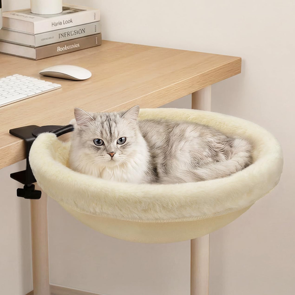 Petcozife Cat Desk Bed, 16"x16" Sturdy Rotating Cat Bed for Desk with Removable Washable Soft Fabric Hammock Cover, Stable Holds Up to 50 lbs, Space Saving Cat Perch for Home Office, Game Table