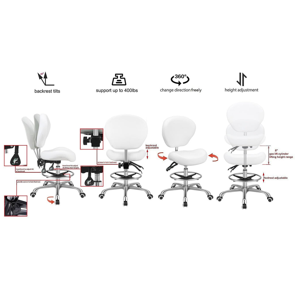 Kaleurrier Adjustable Stools Drafting Chair: with Back Support & Foot Rest, 25.2D x 25.2W x 41H in, White