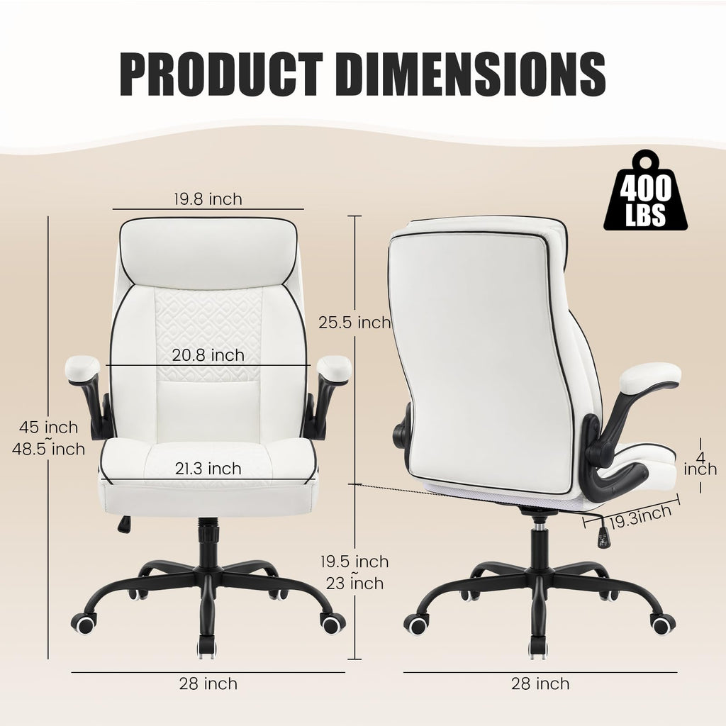 White Office Chair 400lbs, Modern Executive Desk Chair with Lumbar Support, Comfortable Computer Chair with Flip-up Armrests, Adjustable Height
