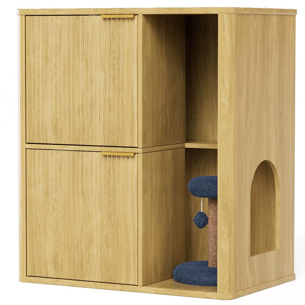 Cat Litter Box Enclosure Furniture, 2 Storey Hidden Litter Box Cabinet with Scratching Post & Storage Shelf, Fluted Modern Litter Box Enclosure for Living Room, Bedroom,Natural